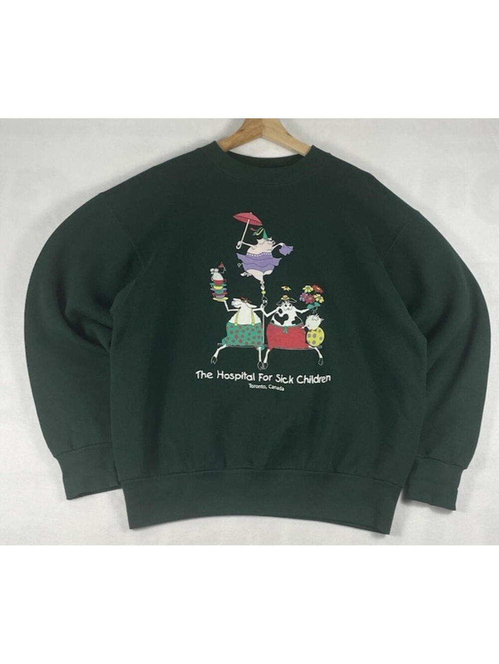 Vtg Fruit of the Loom Dark Forest Green Animals Sweatshirt Made in Canada Sz L